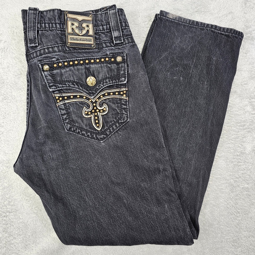 Rock Revival Steven A Straight Jeans 38x33 Black Distressed Studded Denim